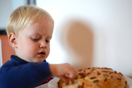 Hungry toddler picks at bread